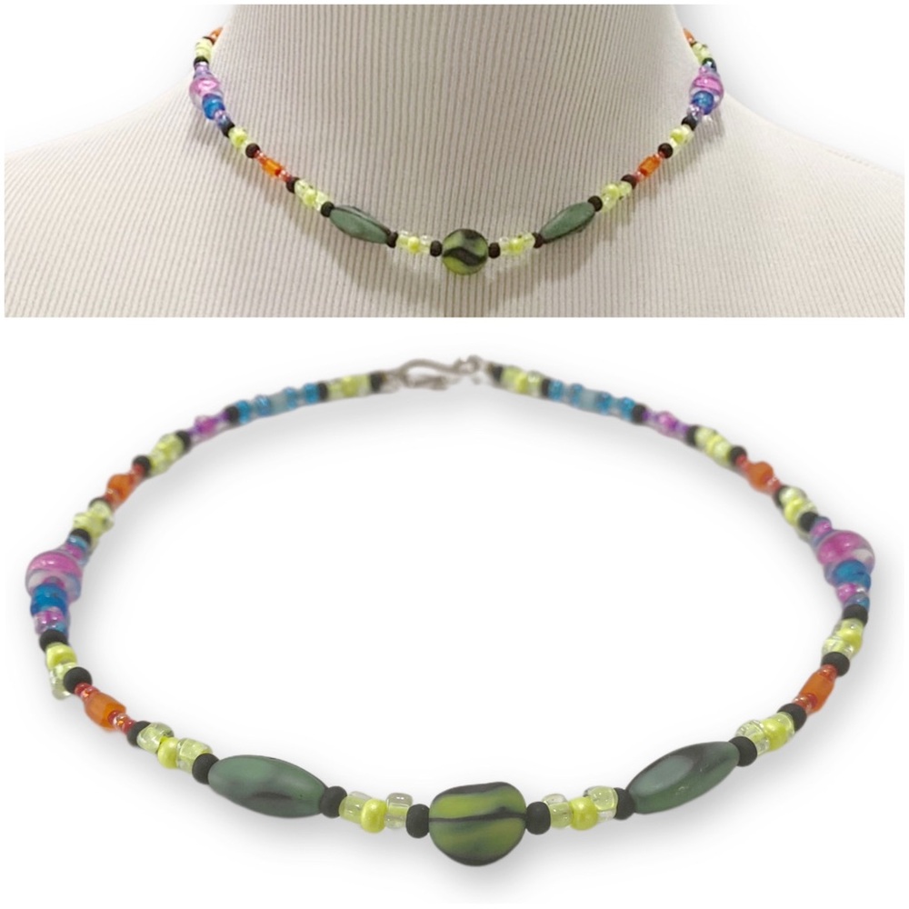 Handmade Green Malachite Stone Pastel Neon Rainbow Glass & Seed Bead Necklace